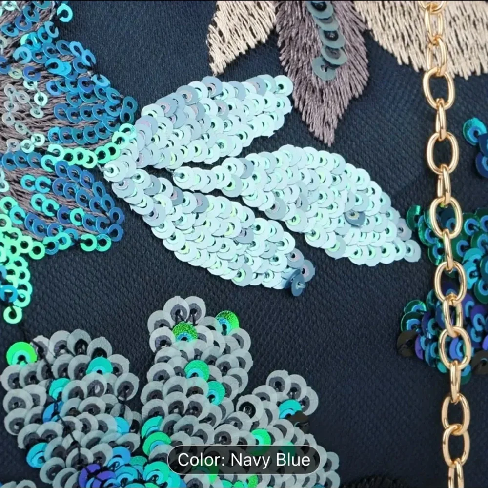 Navy Blue Sequin Floral Evening Clutch - Picture 3 of 6